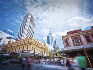 Buildings located at the corner of Barrack Street and the Hay Street Mall.